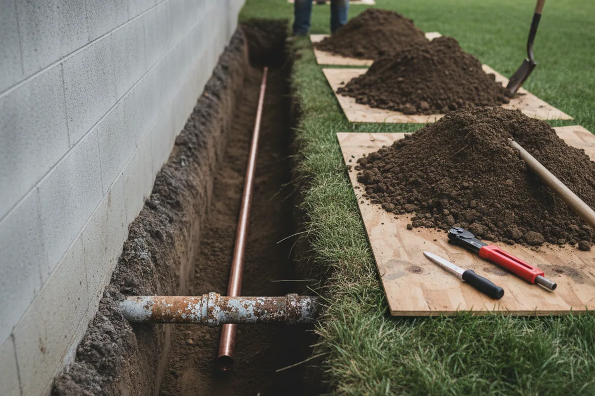 Excavated water line trench during Water Heater Repair in Severn